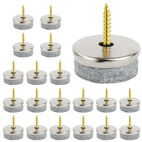 Flintronic 20 Piezas Protectores Patas Sillas Fieltro, Deslizadores de Fieltro con Mejorado Tornillos, 28 MM Redondo Almohadillas de Fielt-ro Tornillo, con Fielt-ro Grosor Y Borde De Metal, Gris