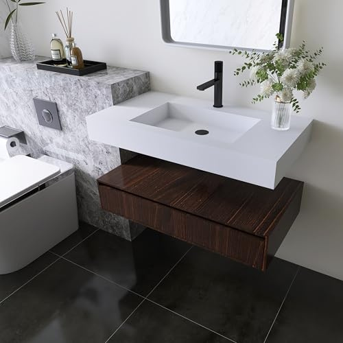 MEDUNJESS Waschbecken zur Wandmontage Bad, Aufsatzwaschbecken Gäste WC Badezimmer, Hängewaschbecken Freistehende Waschtisch Weiß 90cm x 48cm x 11cm