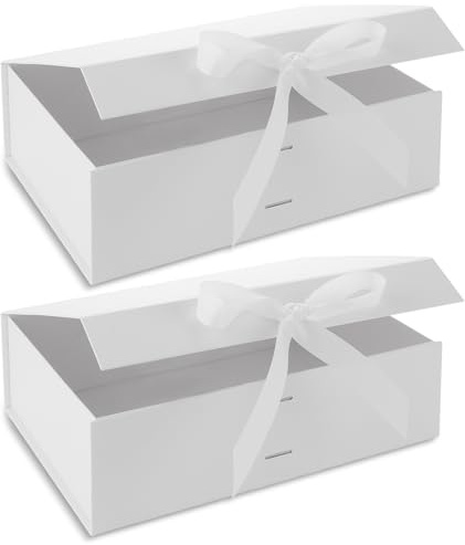 FWEEK 2 Stück Geschenk-Box mit Deckel, 31 x 22 x 10 cm Geschenkkarton mit Geschenkband, Geschenk Karton Box für Feiertage Hochzeit Geburtstag, Weiß