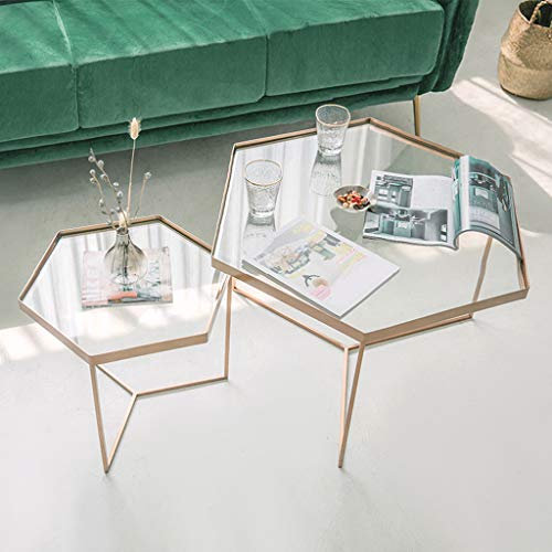 CBBZXUEWIT Couchtisch/Beistelltisch/Endtisch, nordische sechseckige Satztische, 2-teiliger Beistelltisch, klare Glasplatte und Edelstahlbeine, Freizeit-Couchtisch für Wohnzimmer und Büro