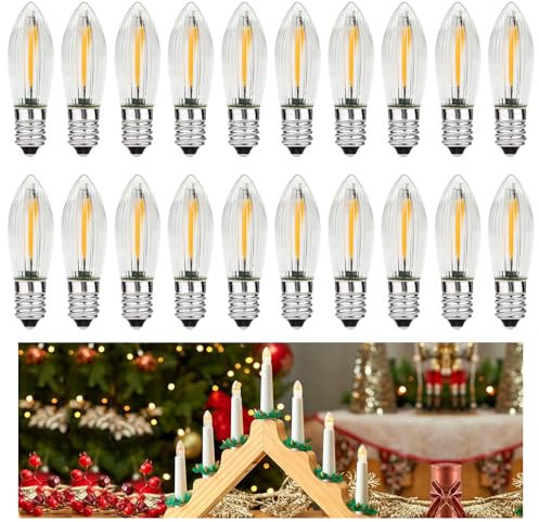 MZYOYO 20 Stück E10 LED Glühbirne,AC14-55V Spitzkerzen Birnen für Schwibbogen,E10 LED Kerzen für Schwibbogen,2100K Warmweiß,Ersatzbirnen Lichterkette für Weihnachtsbaum,23V 34V 0,2W,3LM