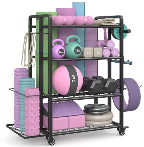 4-Tier Dumbbell Rack Stand Only, Adjustable Weight Rack for Dumbbells Kettlebells Yoga Mat, Home Gym Storage Rack with Wheels and Hooks, Powder Coated Finish (Large)