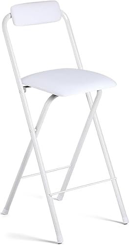 Sgabello pieghevole da bar alto e portatile, con piedini antiscivolo, schienale imbottito in pelle bianca, 70 cm