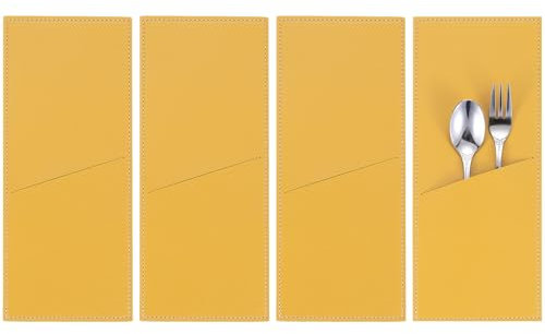 QUARKZMAN 4 Pcs Manches en Cuir pour Couverts Porte-Couverts pour Couteau et Fourchette Pochette de Rangement pour Couverts pour Table de Dîner Décoration de Cuisine à Domicile, Jaune