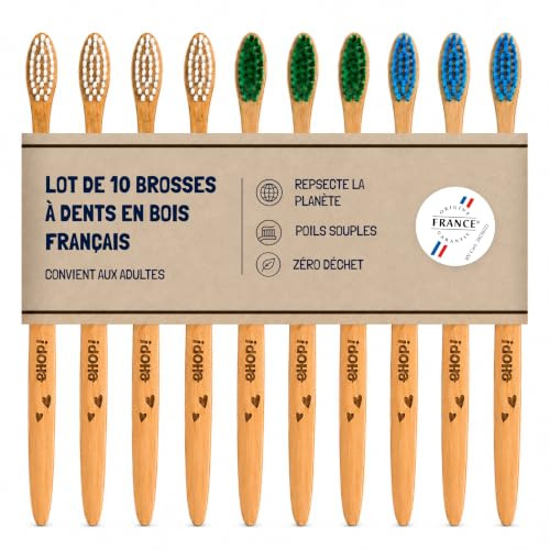 [EHOP] Lot de 10 Brosses à Dents en Bois Français | Poils Souples | Convient aux Adultes | Fabrication Française | Brosses Écologiques | Dentaire Zéro Déchet, Manche Biobasé