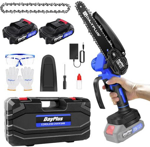 Mini Chainsaw Cordless 6 Inch with 2 Batteries, Powerful Electric Chainsaw with 2 Chains and Security Lock, Handheld Small Chain Saw for Wood Cutting Tree Trimming Gardening