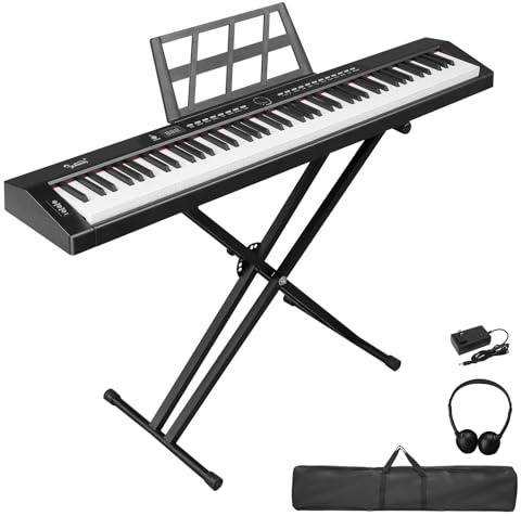 Bonnlo GPP-105 Clavier Numérique 88 Touches de Taille Standard Semi-Lestées, Piano Numérique avec Support en Forme de X à Double Tube, MIDI Bluetooth, Casque, pour Les Amateurs de Piano, Noir