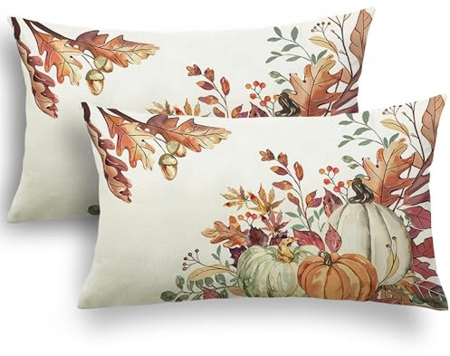 YCOLL Otoño Fundas Cojines 30x50 Juego de 2 Funda de Cojín en Lino con Calabaza, Decorativas para Sofá, Dormitorio, Sala de Estar y Exterior, Estilo Otoñal