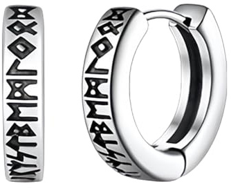 Bewenda Wikinger Creolen Herren, Wikinger Ohrringe Creolen mit Elder Futhark Runen, Rune Huggies Ohrringe Männer Kreolen Klein, Unisex Kreolen Piercing Punk Ohrschmuck mit Geshenkebox - Schwarz/Silber