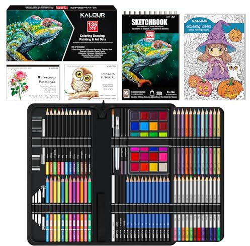 KALOUR Set artistico, 135 pezzi per disegno e pittura, con album da disegno, cartoline ad acquerello, libro da colorare, tutorial, matite