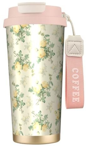 YXDVPALNE Decorazione floreale shabby chic,Tazza da caffè in acciaio inossidabile 316 con cordino, bicchiere termico da viaggio per auto, 500 ml