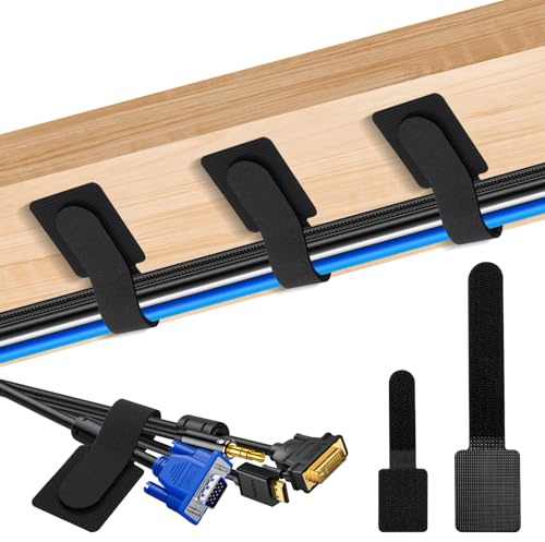 60 PCS Under Desk Cable Ties, Self Adhesive Hook and Loop Cable Organizer | Adjustable Sticky-Back Cable Management for Office, Home and Kitchen Appliances, 2 Sizes