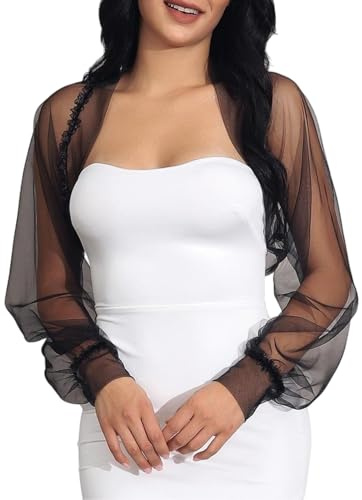 NICENEEDED Bolero da Sposa in Tulle Trasparente, Cardigan Corto Aperto sul Davanti con Maniche Lunghe in Rete da Sposa per Abito da Sera da Donna
