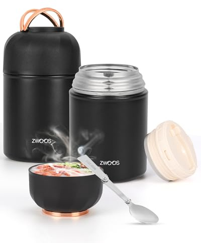 ZWOOS Thermobehälter für Essen 850 ml, Edelstahl Warmhaltebehälter Essen mit Griff, Thermoskanne Essen Auslaufsicher, inkl. Löffel, 12 Stunden Heiß, 12 Stunden Kalt (Schwarz-850ML)