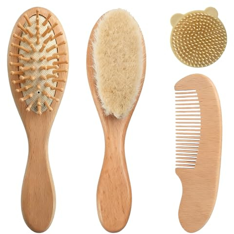 4 teiliges Baby Bürsten und Kamm Set aus Naturholz, Baby Haarbürste mit weichen Ziegenborsten für Neugeborene, Milchschorf Bürste zur Kopfhautpflege, Perfektes Baby Erstausstattung Geschenk Set