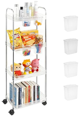 4 Tier storage trolley with Hanging Basket, Clear Acrylic Beauty Storage Carts with Lockable Wheels Slide Out Storage Rack,Utility Storage Organizer Cart for Office, Living Room, Kitchen, Bathroom