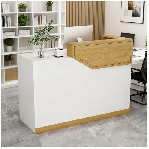 Minimalistiskt mottagningsskrivbord med låsbara lådor rymligt förvaringsskåp och metallhandtag stilfull receptionsbänk för kontor enkel installation (gul 140 x 45 x 100 cm)