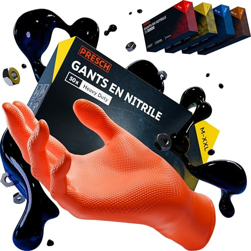 PRESCH Heavy Duty Gants Jetables Orange 50 pc (XL - 10) - Gants en nitrile avec texture diamantée pour plus d’adhérence - Sans latex et poudre - Très épais et indéchirable