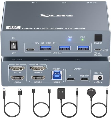 KVM Switch 2 Monitors for 1 Laptop and 1 Desktop 4K@60Hz, USB C HDMI Dual Monitor KVM Switch,Docking Station KVM Switches with 4 USB 3.0 Port, 80W PD Charging, Wired Remote and USB-C Cable Included