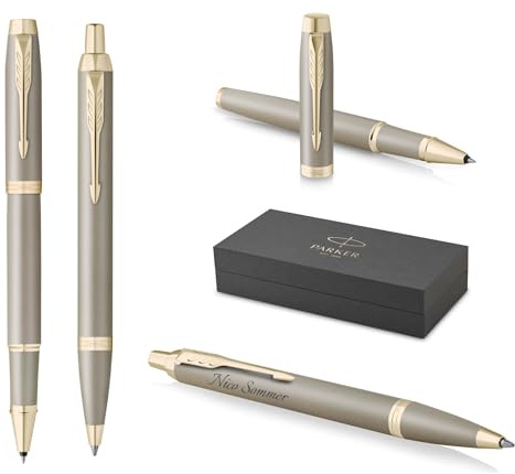 PARKER IM Schreibset Kugelschreiber + Tintenroller mit individueller Gravur – Personalisierter Luxus Stift – The Finishing Touch Collection Geschenk für Hochzeit, Geburtstag, Büro (Sandstone)