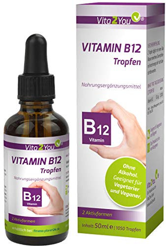Vita2You Vitamin B12 Tropfen - 50ml - 250µg pro Tropfen - 2 Aktivformen - Adenosylcoblamin und Methylcobalamin - Ohne Alkohol - Hochdosiert - Premium Qualität