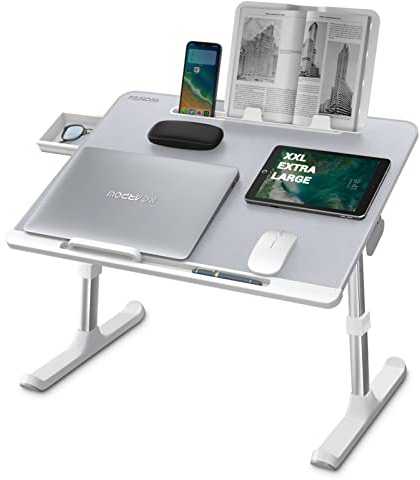 NEARPOW Laptop-Schreibtisch für Bett, XXL, verstellbares Computer-Tablett, Laptop-Ständer für Bett oder Sofa, Buchständer und Schublade, Grau