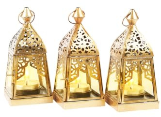 3er Set Orientalische Laterne Basil klar aus Glas in Gold Antik 16 cm