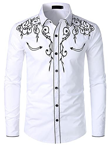 NW Chemise de cowboy élégante brodée à manches longues pour homme Coupe ajustée Style western, blanc, S
