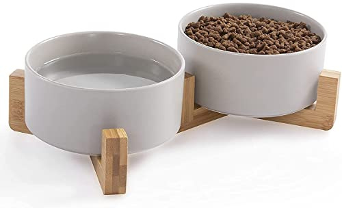 Hundenapf, Keramik-Hundenäpfe für Katzen Fressnapf mit Holzständerhalter, No Spill Pet Feeder Futternapf für Futter, Wasser, kleine Hunde Katzen, BPA-frei - 2er Set (Grau)
