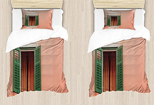 ABAKUHAUS Land Bettdeckenbezug 2er-Satz Doppelbett, Alte Retro Haus Fensterläden, Kuscheligform Top Qualität 2 Teiligen Bettbezug mit 1 Kissenbezüge, 170 x 220 cm - 75 x 50 cm, Orange Grün Weiß
