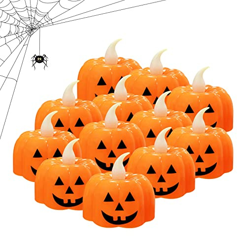 Jsdoin Halloween Pumpkin Tea Lights, 12pcs Flameless LED Candles, Warm White Flickering for Party Decorations, Battery Operated