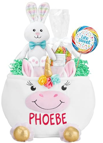 Let's Make Memories Personalized Easter Basket for Kids - Custom Holiday Decoration For Boys and Girls - Fillable with Optional Basket Stuffers - Plush Furry Critter - Unicorn