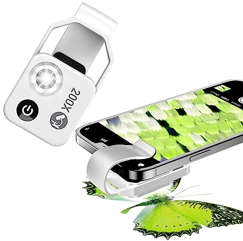 BIGFOX Microscopio de Teléfono con Luz LED, Portátil Microscopio HD 200X con Filtro CPL e Clip Universal para 99% Smartphone Niños y Adultos Exploran el Microcosmos(Plata)