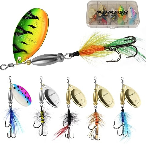 THKFISH Spinner Blinker Angeln Set, 6/12 Stück Angelköder mit Drillinge Haken, Pailletten Kunstköder Forellenköder für Forelle, Barsch, Lachs, Hecht, Walleye A-6PCS