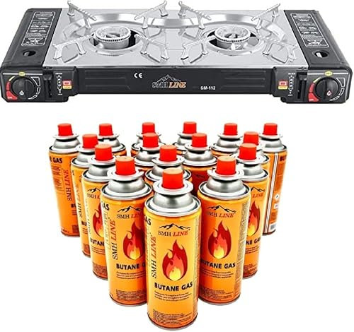 SMH LINE® Double réchaud à gaz de camping avec 12 cartouches de gaz de 227 g - Mallette de camping - Cuisinière d'extérieur - Barbecue de table 2 feux GPL