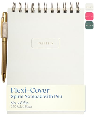Eccolo Lined Top Spiral Notebook, Flexi-Cover Steno Pad with Pen Included (240 Perforated Pages), Notes A5 Notepad Ideal for Note Taking in School, College or Work (Cream, 6x8.5 Inches)