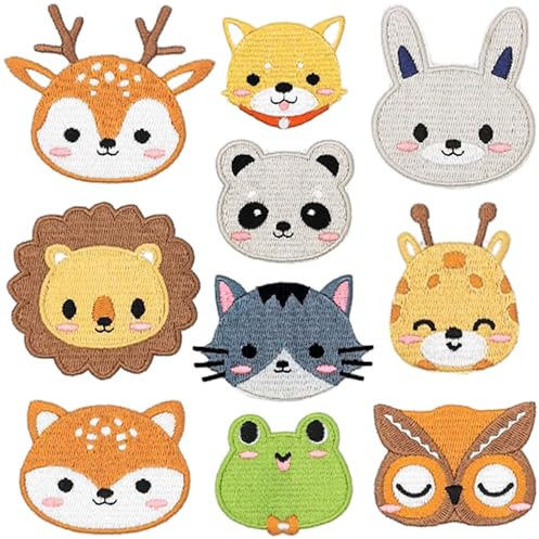 EUIOOVM Bügelflicken Kinder, 10 Stück Flicken Zum Aufbügeln, Tier Patches Aufnäher, Bestickte, Bügelaufkleber Kleidung, DIY Bügelbilder für Hosen Jeans T-Shirt und Textilien