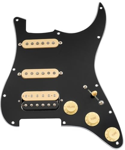 Musiclily Pro HSS Auto-Split Pre-wired Loaded Pickguard ST Gitarren Vorverdrahtetes Schlagbrett mit Artec Staggered Alnico 5 Humbucker für Strat Style E-Gitarre, 3-lagig Schwarz mit Zebra Pickup