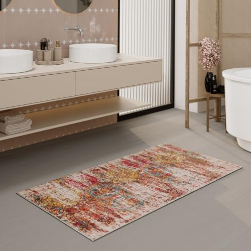 Wecon Home Beach Front Badteppich, 55 x 65 cm, bunt | Badezimmerteppich waschbar und rutschfest im Vintage-Stil für ein modernes, stilvolles Bad