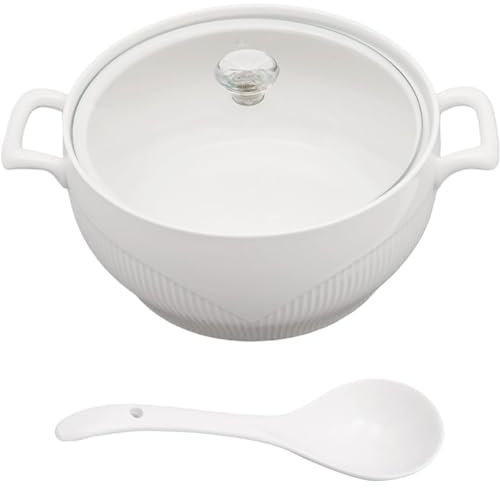 ZGFOZJGC Sopera de cerámica Sopera Redonda de Porcelana con Tapa de Vidrio y Cuchara Tazón Blanco para Servir Sopera Cubierta de Doble Oreja para Cocina y Restaurante