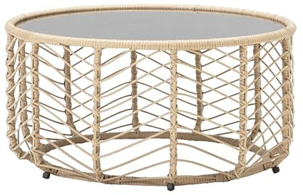 Dehner Kaffeetisch Venezia, Beistelltisch Outdoor/Indoor, ca. Ø 77 cm, Höhe 40 cm, Aluminium/Glas/Korbgeflecht, Natur/grau/schwarz