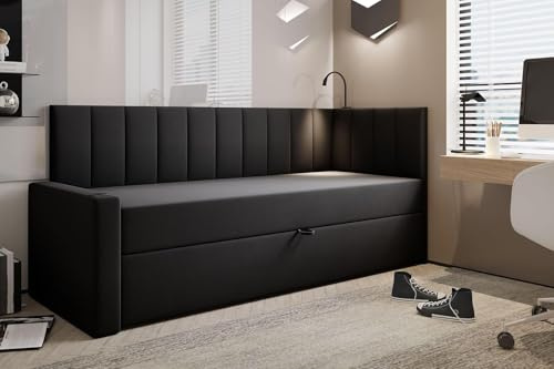 TRADA Boxspringbett Tokio, 80 x 200 cm, Schwarz | Bett mit Matratze und Bettkasten, USB-Anschluss, Lampen- und Getränkehalter, Stoffbezug Veloursstoff