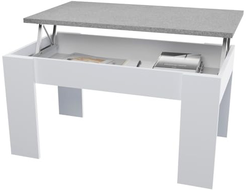 amuéblate Online Table Basse relevable, Table de Salon ou de Salle à Manger, Finition Blanche avec Plateau Gris Pierre, Dimensions : 90 cm (Largeur) x 50 cm (Profondeur) x 46, 57 cm (Hauteur)