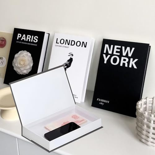 BGTODO Decorative Book Boxes, Set of 3, Cardboard, 26.7 x 17 x 4.2 cm, Decor Book Fashion, Paris, London, New York