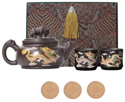 Color Changing Dragon Phoenix Teapot Teacup Set,Chinese Purple Clay Teapot, Kung Fu Tea Set,Ceramic 1 Pot 2 Cups,Gift for Tea Lovers,with Coaster (A-Dragon Phoenix, with Gift Box)