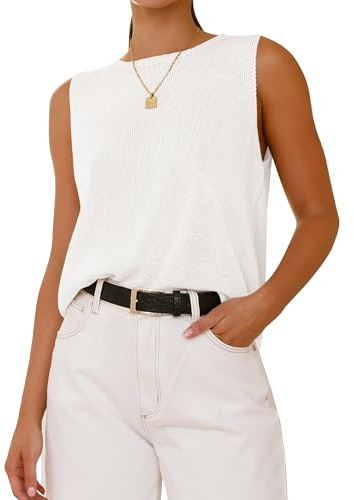 BTFBM Sleeveless Sweater Tops for Women 2026 Crew Neck Lightweight Casual Loose Tank Summer Outfits Fashion Clothing(White, Medium)