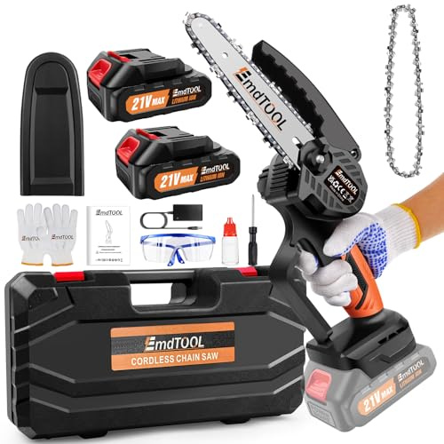 Akku-Kettensäge 6 Zoll, Mini Kettensäge mit 2 * 1500mAh Akku und Ladegerät, Kleine Tragbar Gehölzschneider Einhand für Bäume Gartenarbeiten Wälder (orange)
