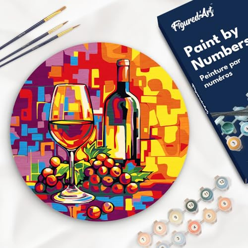 Figured'Art Pintar por Números para Adultos en Disco de Madera de 30 cm - Vino y uvas - Manualidades con Pintura Acrílica - Kit Cuadro DIY Completo