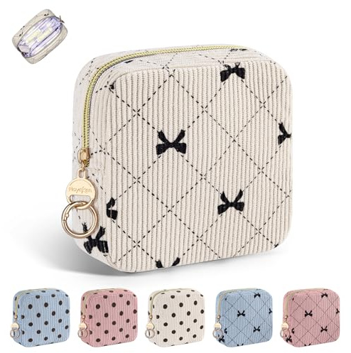 1 Neceser Compresas de Tela Bolsa para Salvaslip Compresas Reutilizables Algodon Postparto Tampones con Cremallera Mini Neceser Pequeño Viaje Portátil para Mujer Niñas Adolescent(Pajarita-Beige)