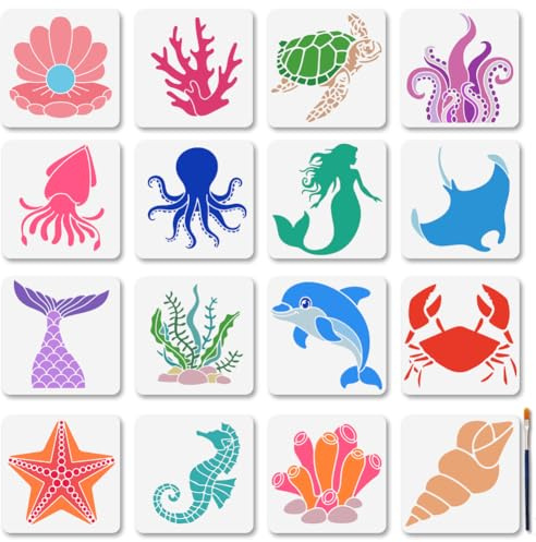 MAYJOYDIY Juego de 16 plantillas con vida marina, plantillas para pintar con diseño de sirena océano, 15 x 15 cm, delfines, pulpo, plantillas de artesanía con pincel para ventanas, paredes de madera